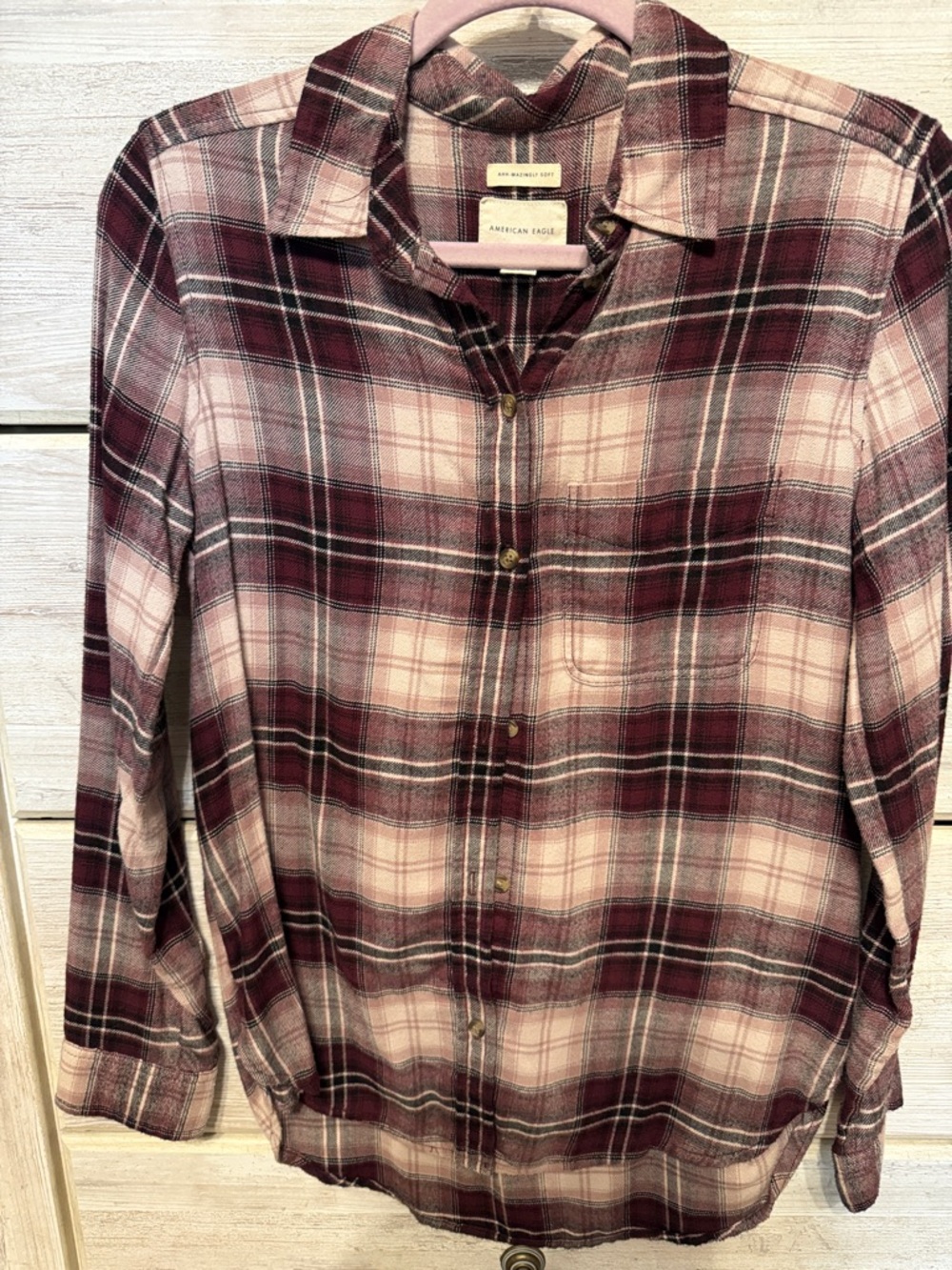 Women’s small American Eagle Maroon Plaid Boyfriend Shirt